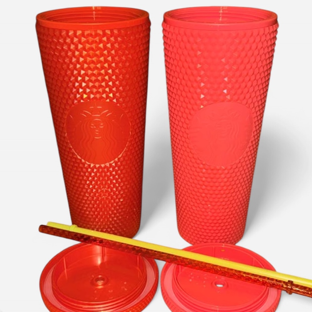 Starbucks Studded Tumbler Pair in Coral Orange + Blue Iridescent Key Chain - Picture 2 of 4